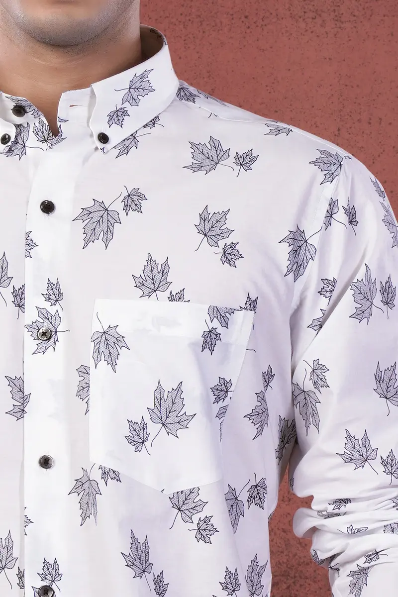 Bright White And Mauve Pink Leaves Printed Subtle Sheen Super Soft Premium Cotton Shirt 5