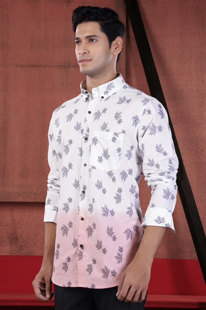Bright White And Mauve Pink Leaves Printed Subtle Sheen Super Soft Premium Cotton Shirt 6