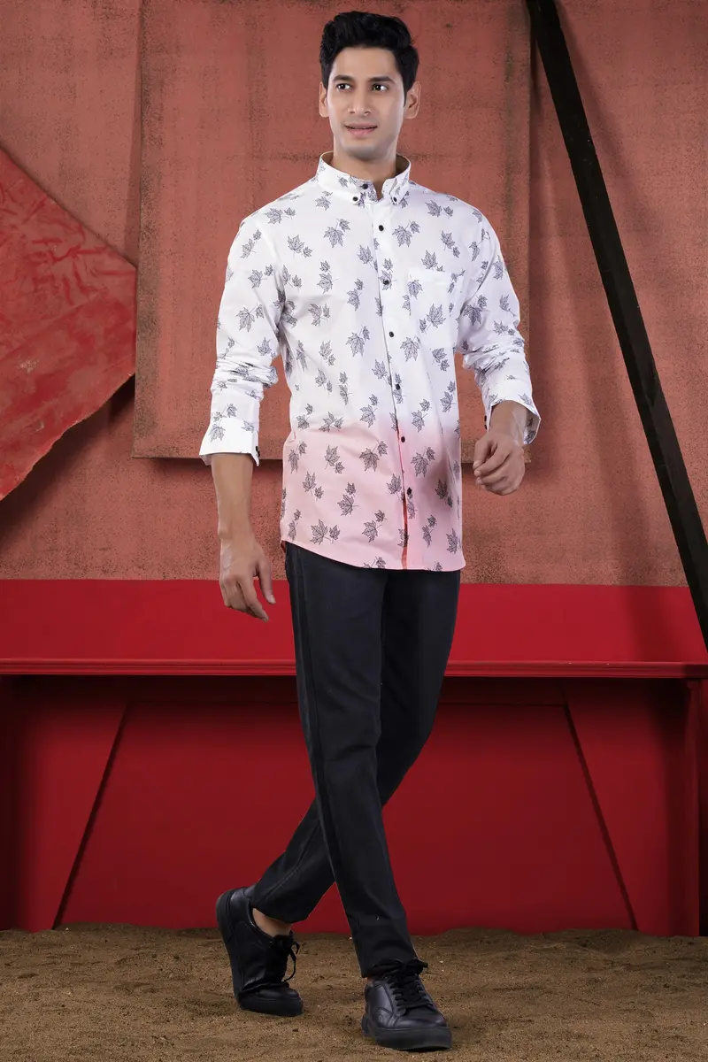 Bright White And Mauve Pink Leaves Printed Subtle Sheen Super Soft Premium Cotton Shirt 7