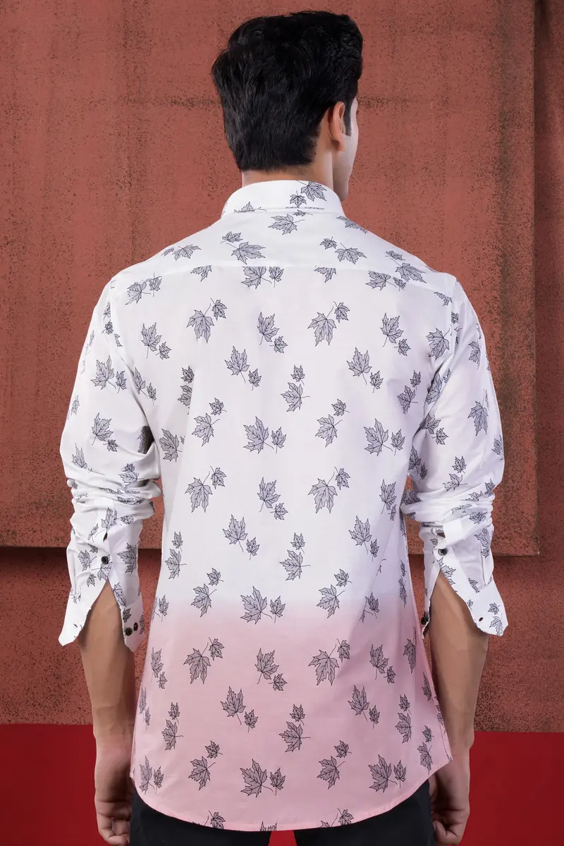 Bright White And Mauve Pink Leaves Printed Subtle Sheen Super Soft Premium Cotton Shirt 8