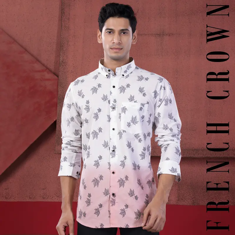 Bright White And Mauve Pink Leaves Printed Subtle Sheen Super Soft Premium Cotton Shirt 9