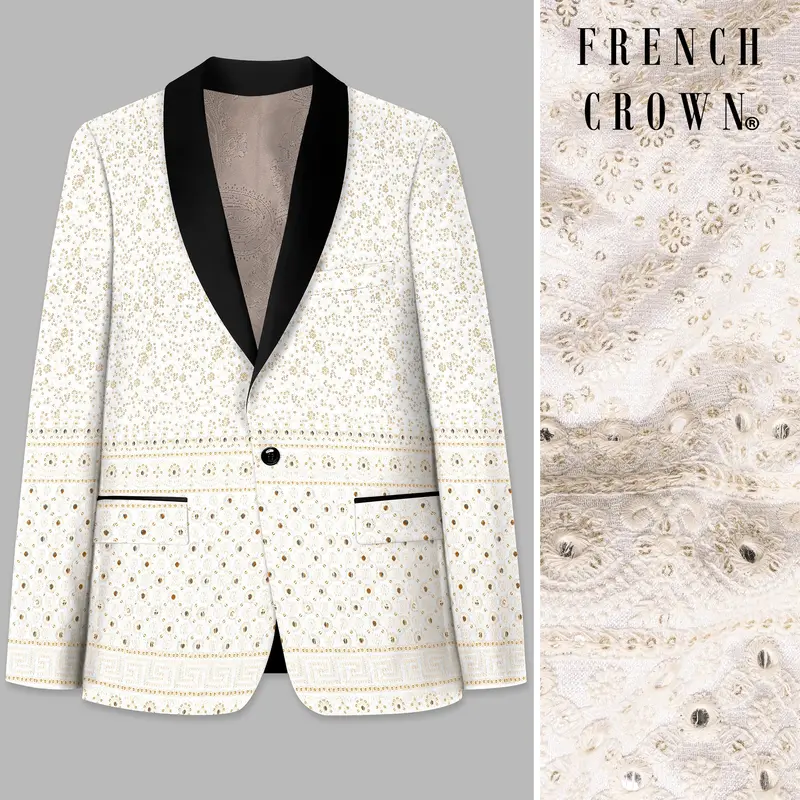 Bright White And Merino Cream Sequin Embroidered Tuxedo Blazer 1