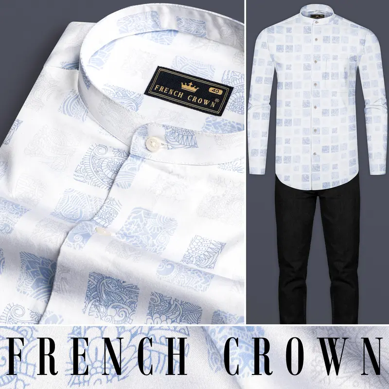 Bright White And Metallic Blue Printed Super Soft Premium Cotton Shirt 8