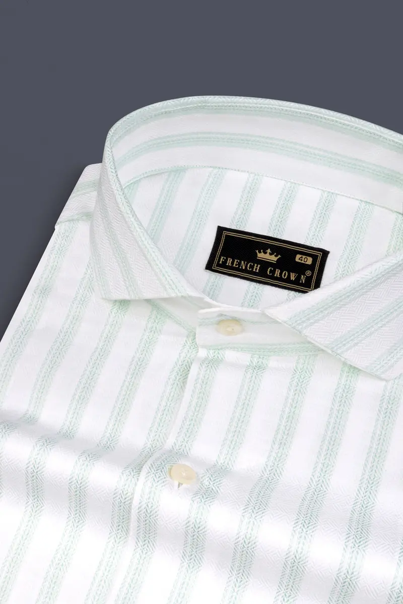Bright White And Metallic Blue Striped Dobby Textured Premium Cotton Shirt 1