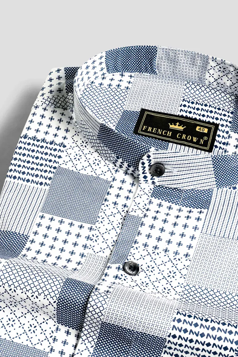Bright White And Midnight Blue Tile Printed Subtle Sheen Super Soft Premium Cotton Shirt 1