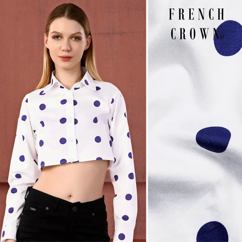 Bright White And Minsk Blue Polka Dots Premium Cotton Crop Shirt 1