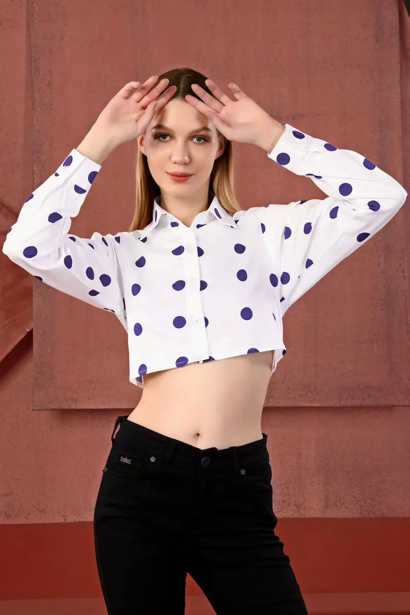 Bright White And Minsk Blue Polka Dots Premium Cotton Crop Shirt 4