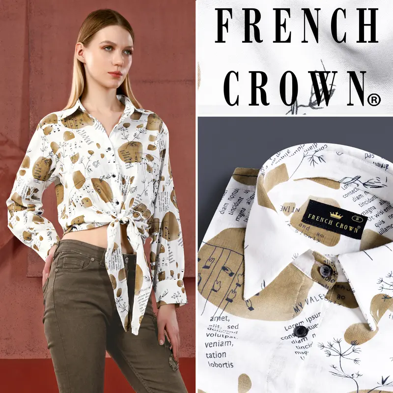 Bright White And Muesli Brown Abstract Printed Premium Tencel Tie Up Style Crop Shirt 1