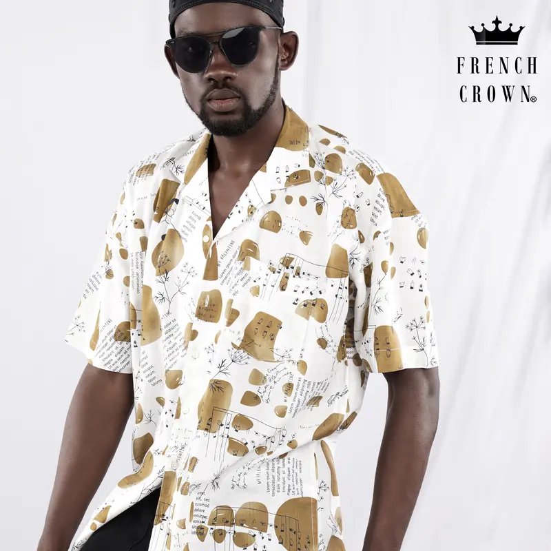 Bright White And Muesli Brown Doodle Printed Lightweight Premium Cotton Oversized Shirt 1