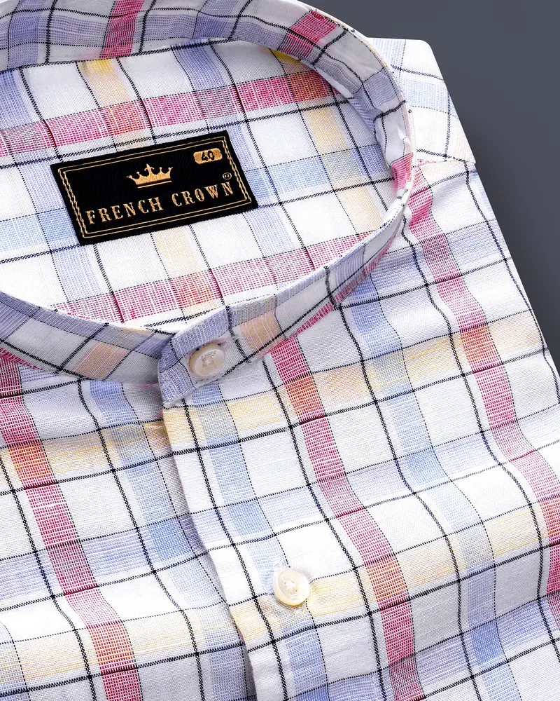 Bright White And Multi Coloured Windowpane Luxurious Linen Shirt 1