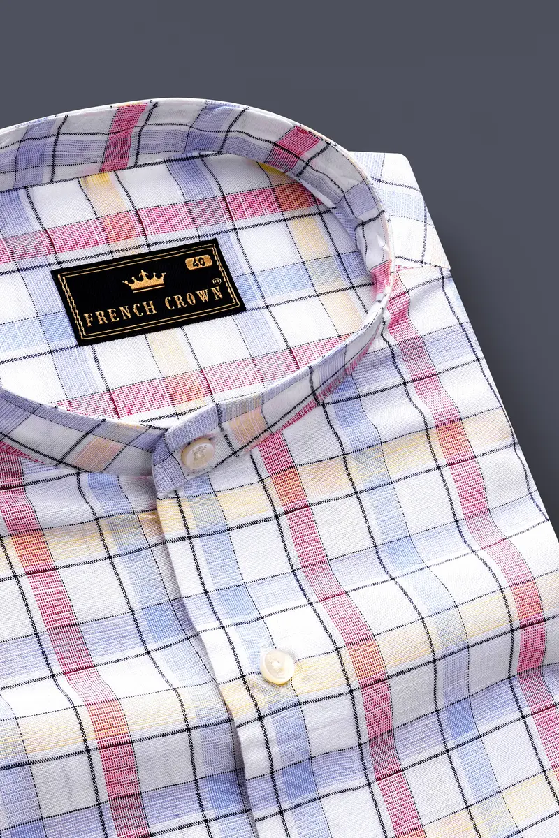 Bright White And Multi Coloured Windowpane Luxurious Linen Shirt 2