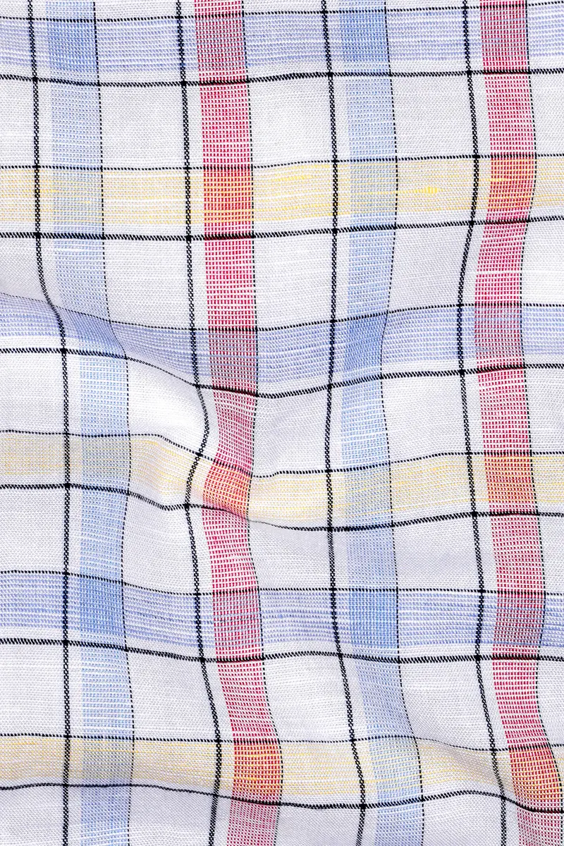 Bright White And Multi Coloured Windowpane Luxurious Linen Shirt 3