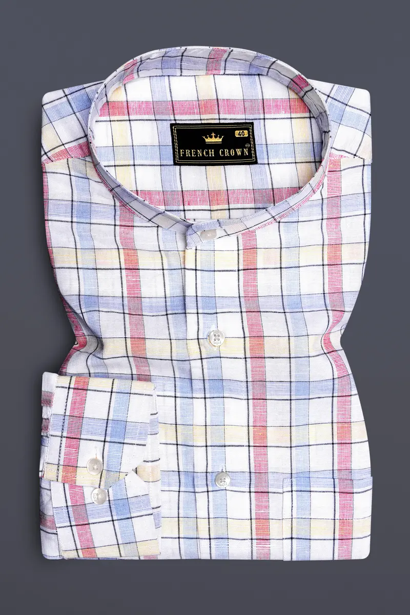 Bright White And Multi Coloured Windowpane Luxurious Linen Shirt 4