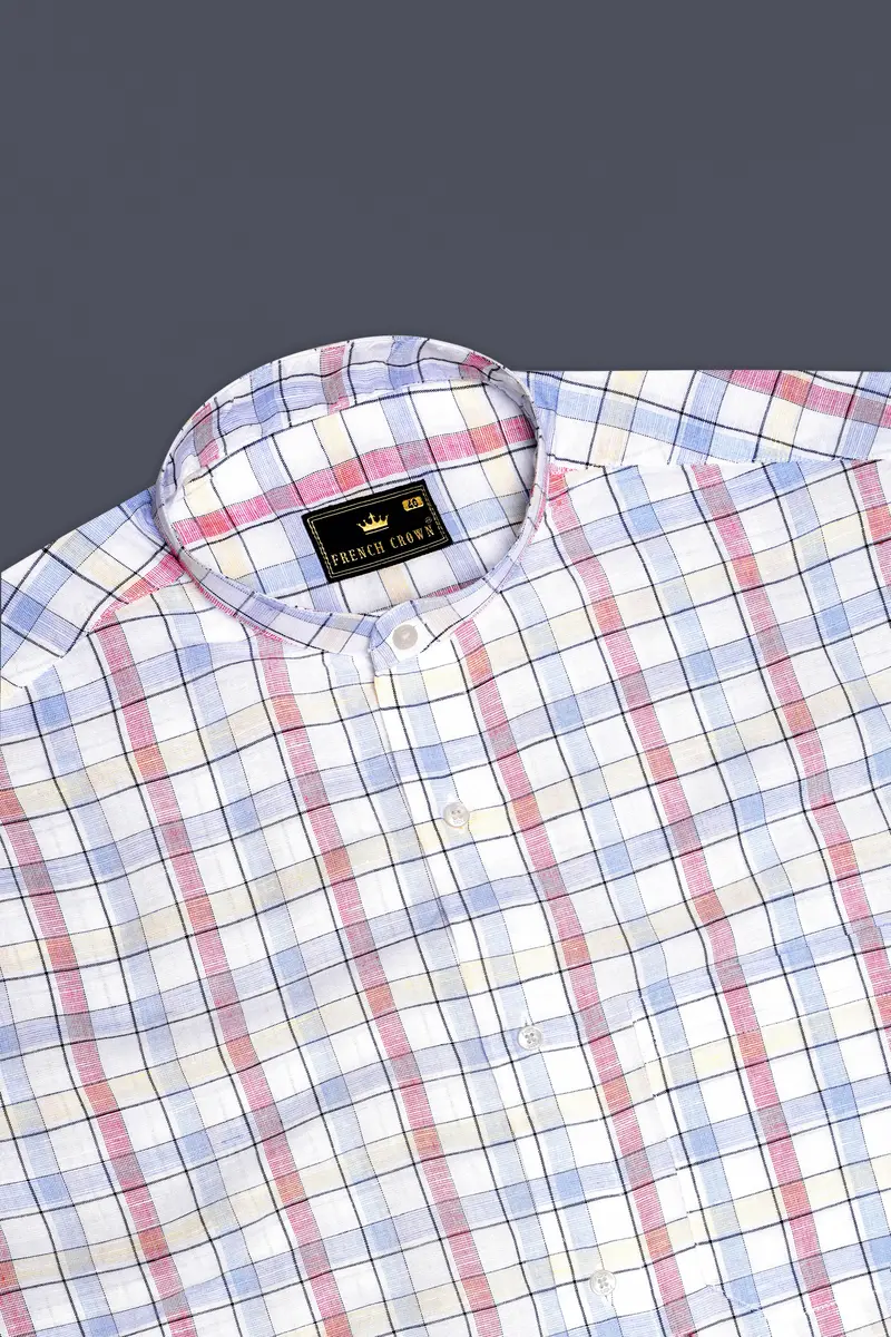 Bright White And Multi Coloured Windowpane Luxurious Linen Shirt 5