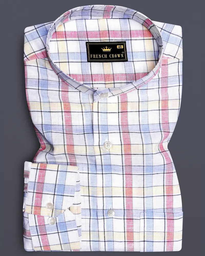 Bright White And Multi Coloured Windowpane Luxurious Linen Shirt 6