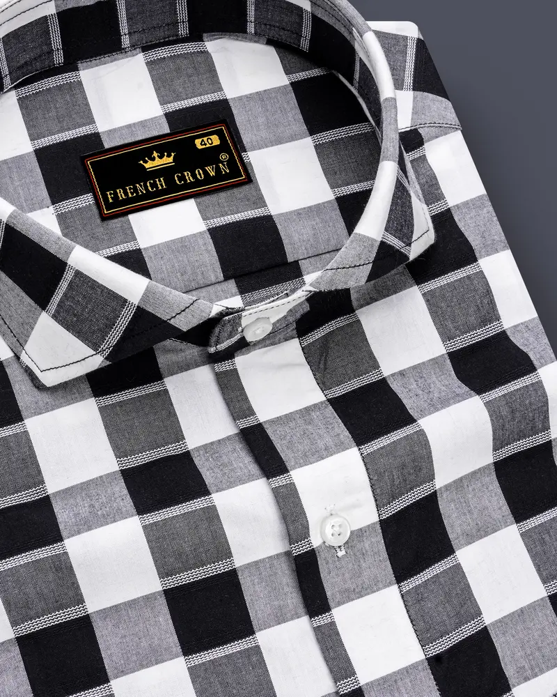 Bright White And Navy Checked Dobby Premium Giza Cotton Shirt 1