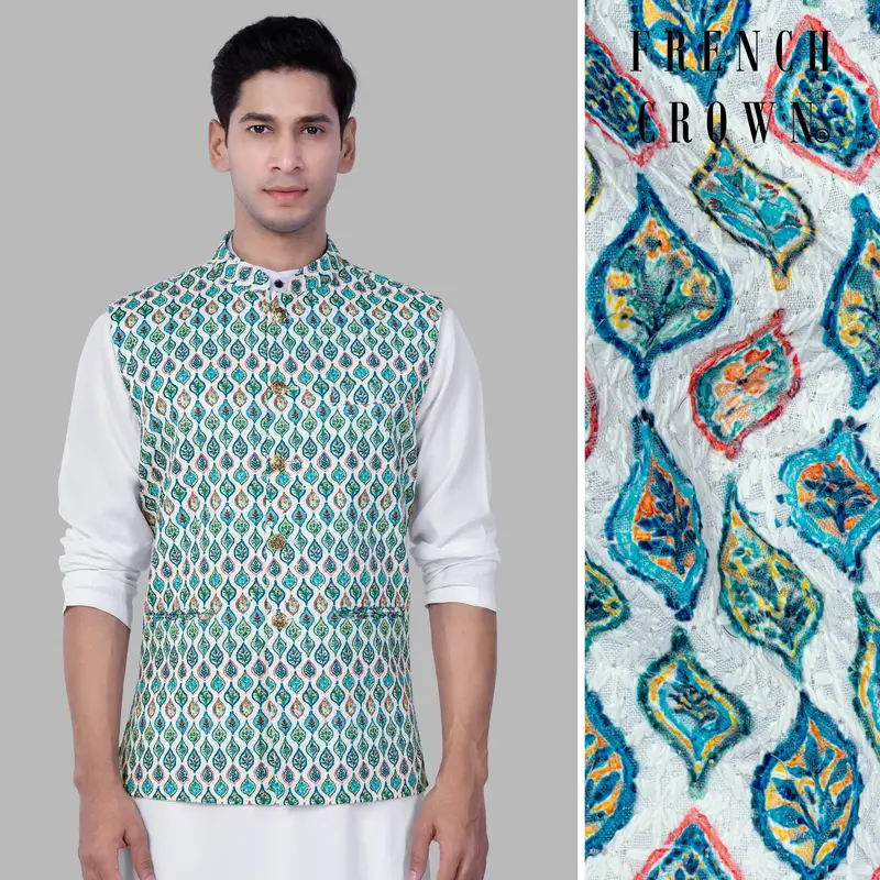 Bright White And Ocean Blue Leaf Designer Thread Embroidered Nehru Jacket 1
