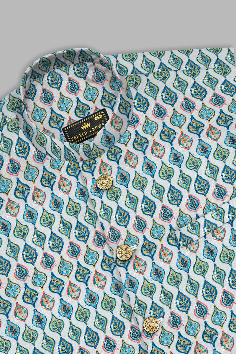 Bright White And Ocean Blue Leaf Designer Thread Embroidered Nehru Jacket 10