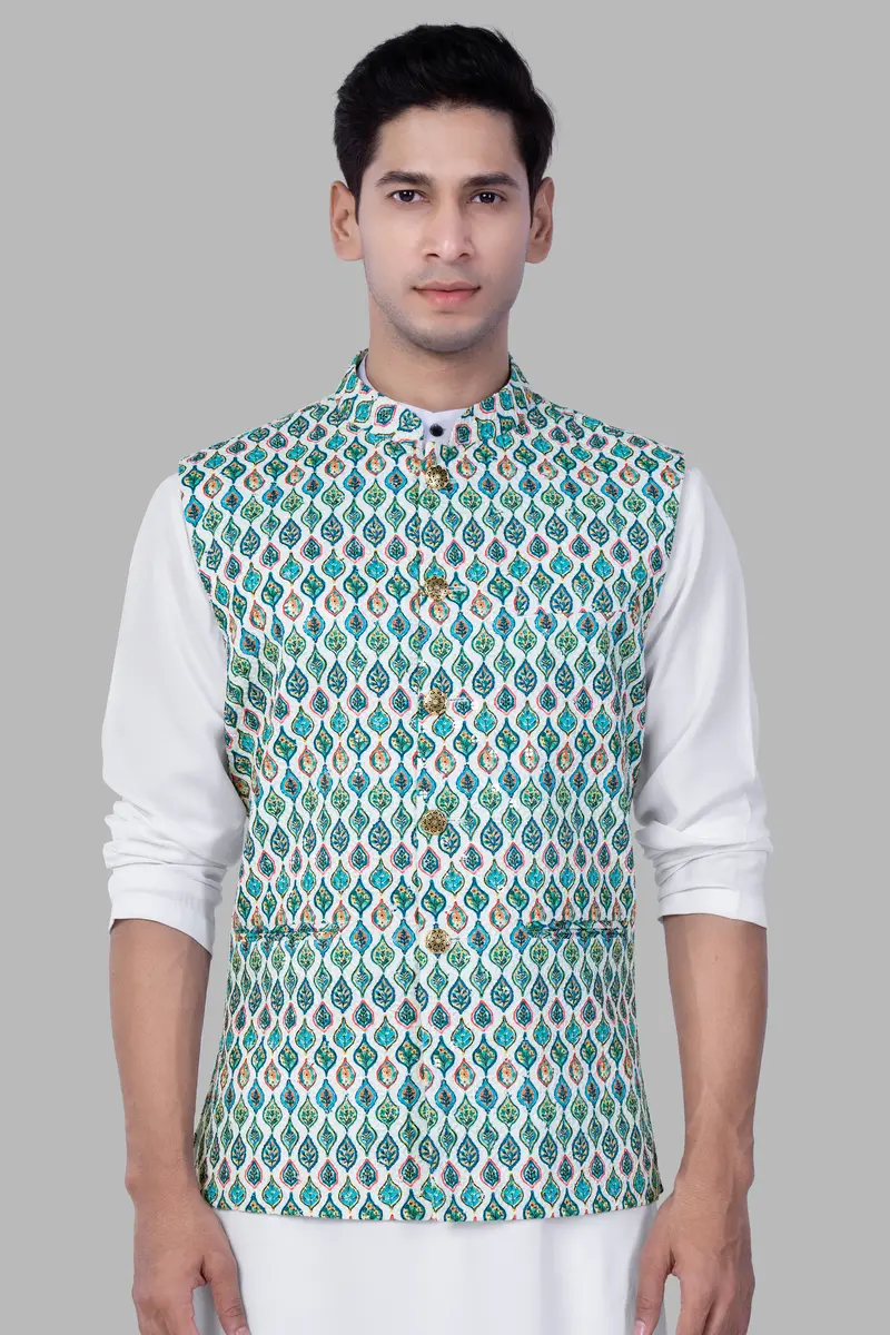 Bright White And Ocean Blue Leaf Designer Thread Embroidered Nehru Jacket 2
