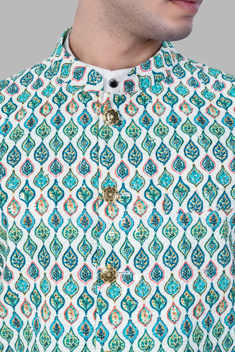 Bright White And Ocean Blue Leaf Designer Thread Embroidered Nehru Jacket 4