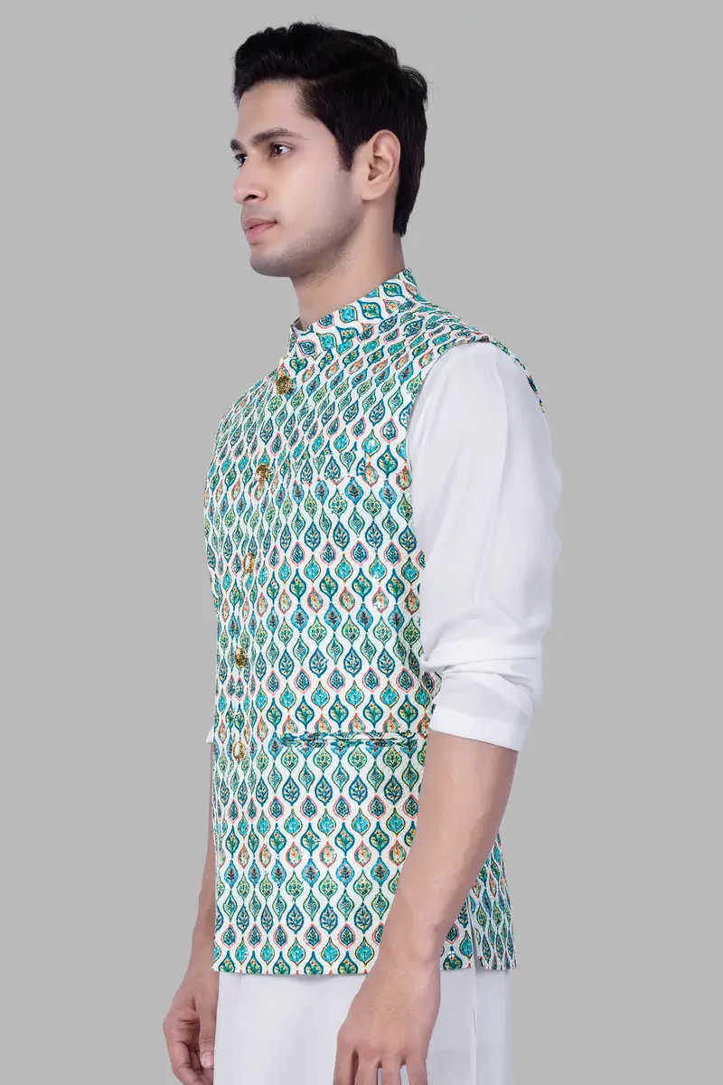 Bright White And Ocean Blue Leaf Designer Thread Embroidered Nehru Jacket 5