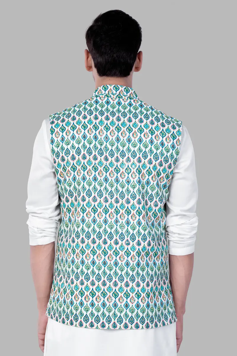Bright White And Ocean Blue Leaf Designer Thread Embroidered Nehru Jacket 6