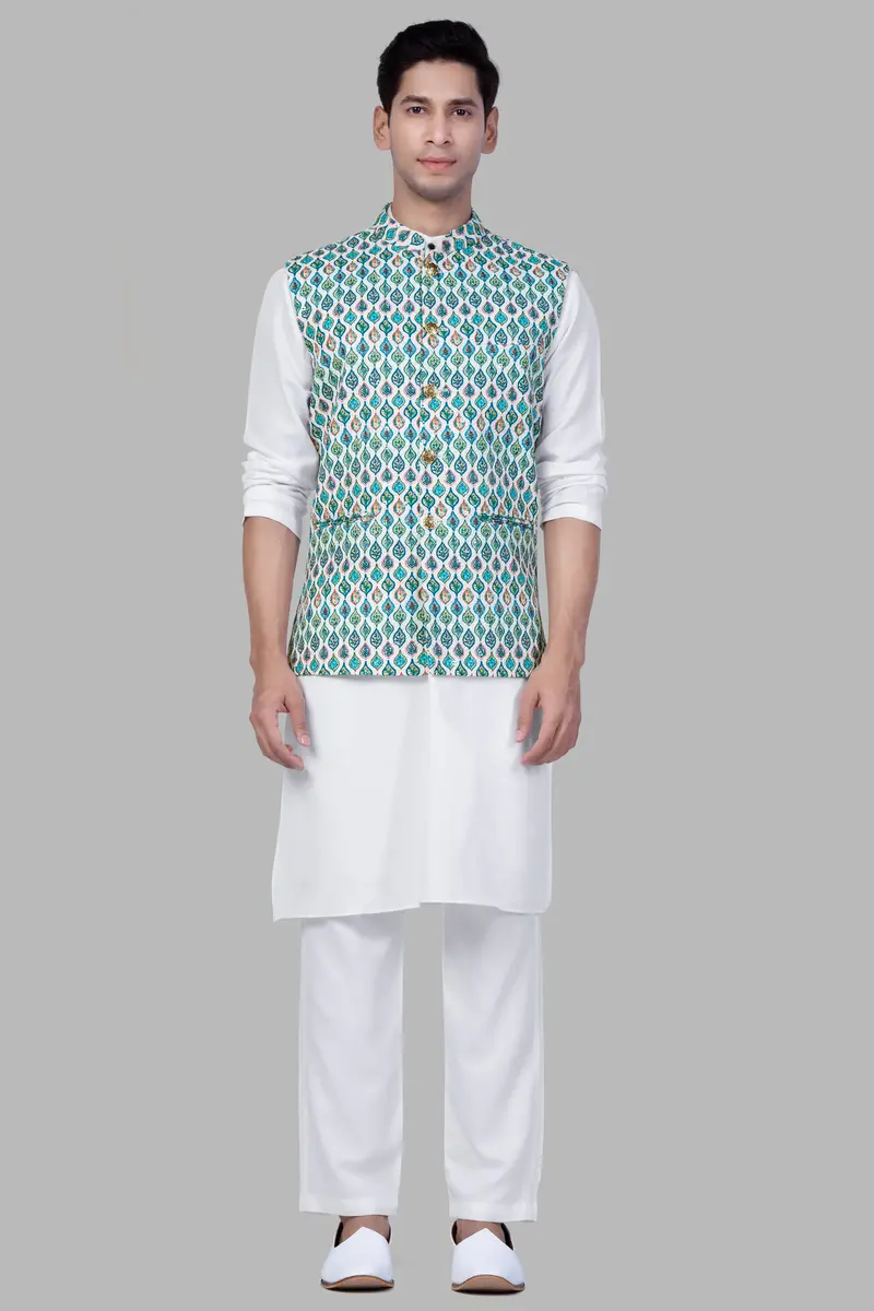 Bright White And Ocean Blue Leaf Designer Thread Embroidered Nehru Jacket 7