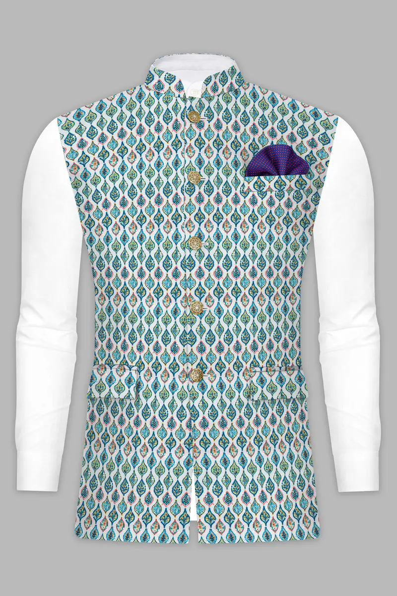 Bright White And Ocean Blue Leaf Designer Thread Embroidered Nehru Jacket 8