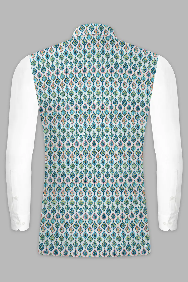 Bright White And Ocean Blue Leaf Designer Thread Embroidered Nehru Jacket 9