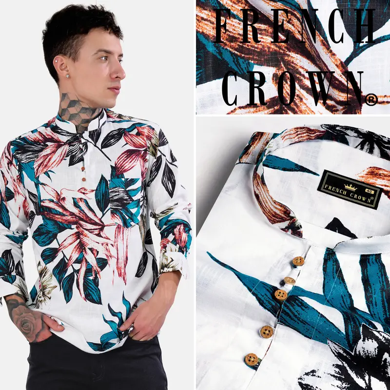 Bright White And Pacific Blue Leaves Printed Chambray Kurta Shirt 11