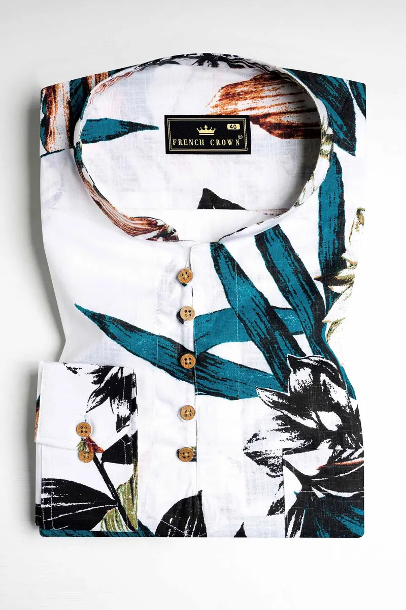 Bright White And Pacific Blue Leaves Printed Chambray Kurta Shirt 2