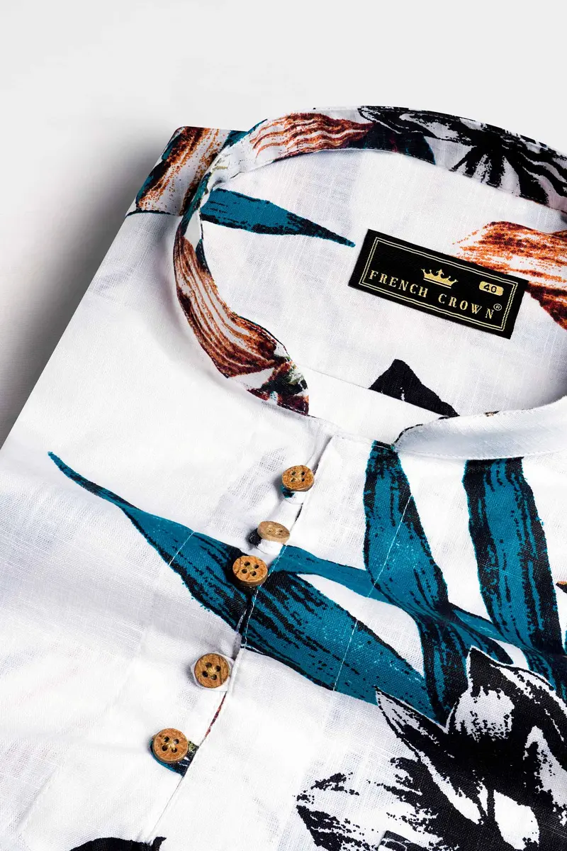 Bright White And Pacific Blue Leaves Printed Chambray Kurta Shirt 4