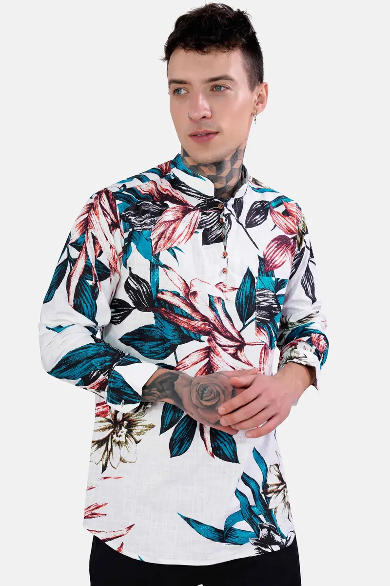 Bright White And Pacific Blue Leaves Printed Chambray Kurta Shirt 5