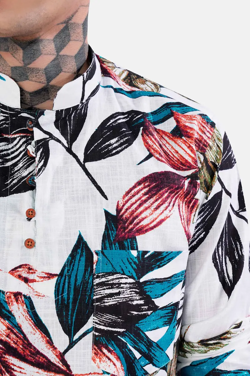 Bright White And Pacific Blue Leaves Printed Chambray Kurta Shirt 6