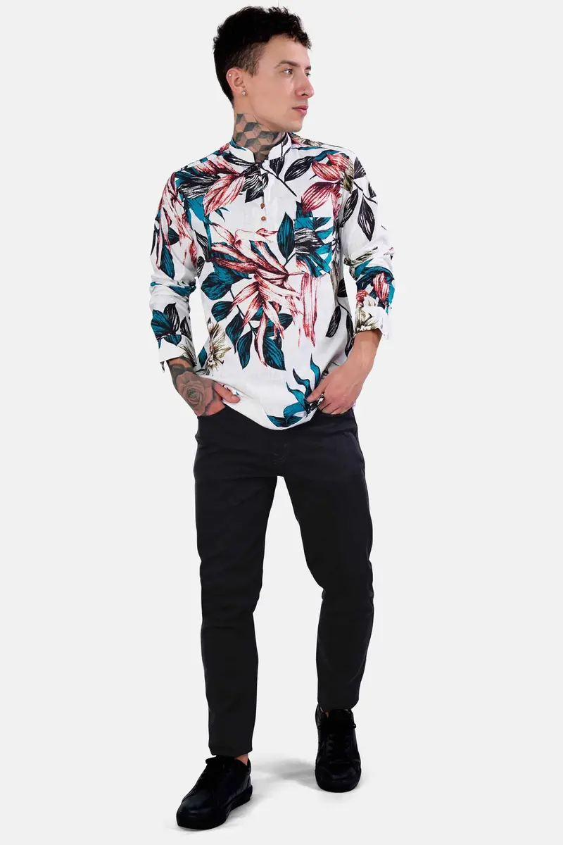 Bright White And Pacific Blue Leaves Printed Chambray Kurta Shirt 7