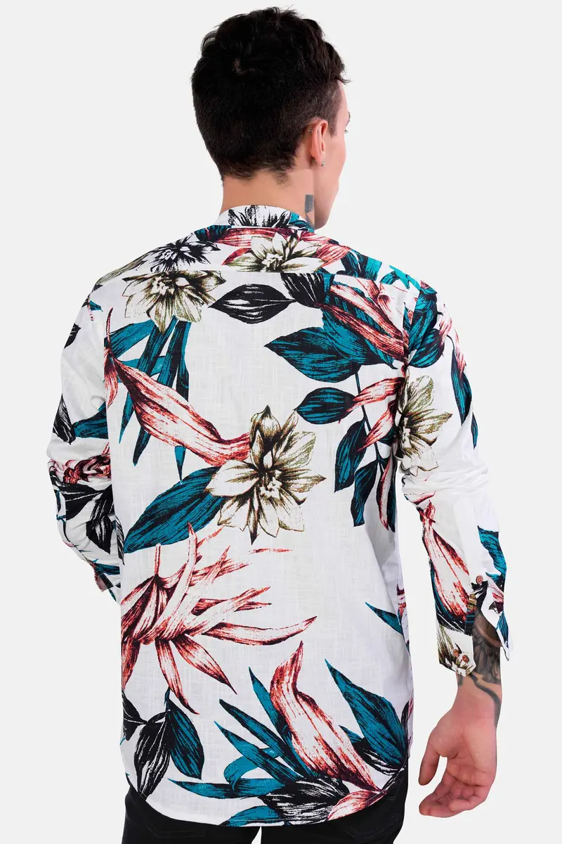 Bright White And Pacific Blue Leaves Printed Chambray Kurta Shirt 8
