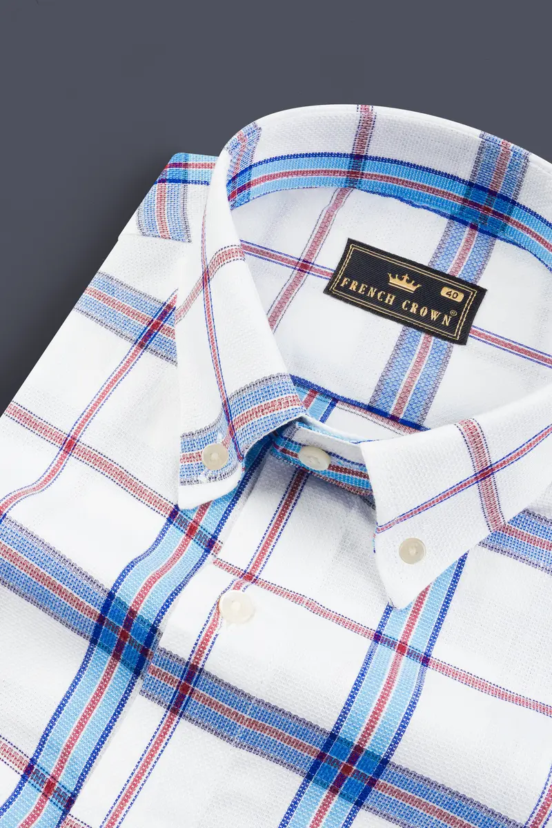 Bright White And Pale Aqua Plaid Dobby Textured Premium Giza Cotton Shirt 1