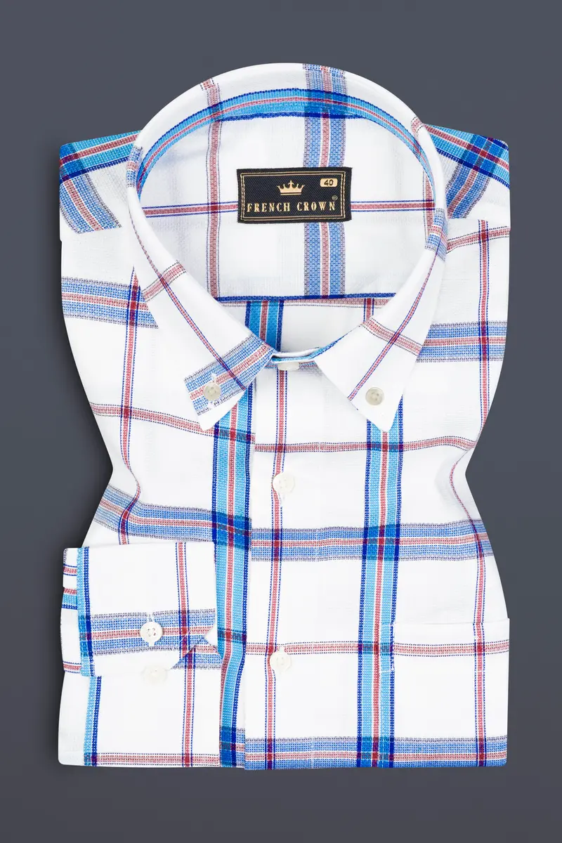 Bright White And Pale Aqua Plaid Dobby Textured Premium Giza Cotton Shirt 3