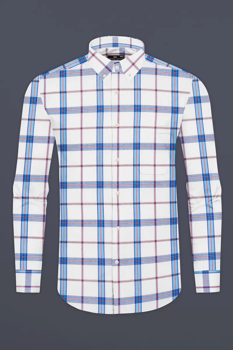 Bright White And Pale Aqua Plaid Dobby Textured Premium Giza Cotton Shirt 4