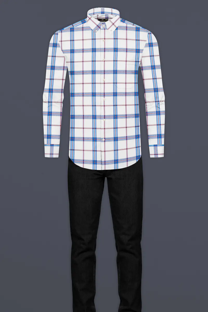 Bright White And Pale Aqua Plaid Dobby Textured Premium Giza Cotton Shirt 6