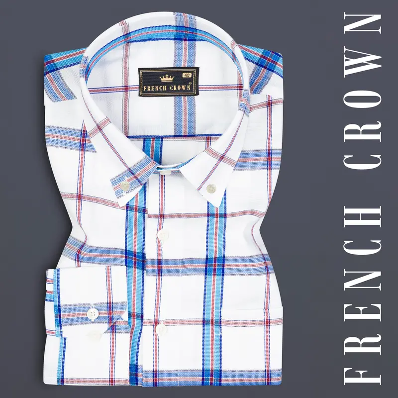 Bright White And Pale Aqua Plaid Dobby Textured Premium Giza Cotton Shirt 7