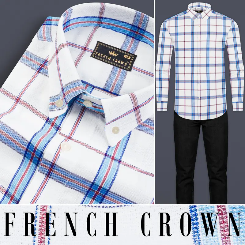Bright White And Pale Aqua Plaid Dobby Textured Premium Giza Cotton Shirt 9