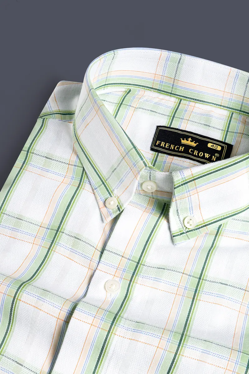 Bright White And Patina Green Plaid Dobby Textured Premium Giza Cotton Shirt 1