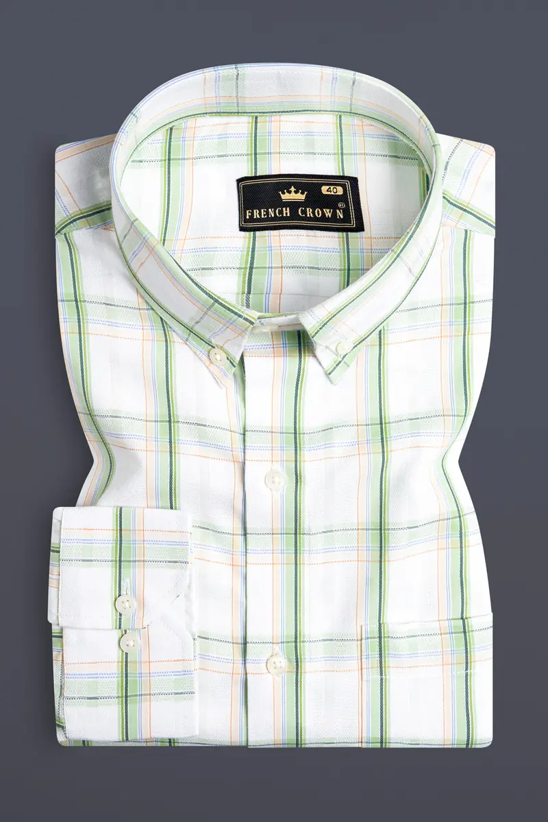 Bright White And Patina Green Plaid Dobby Textured Premium Giza Cotton Shirt 3
