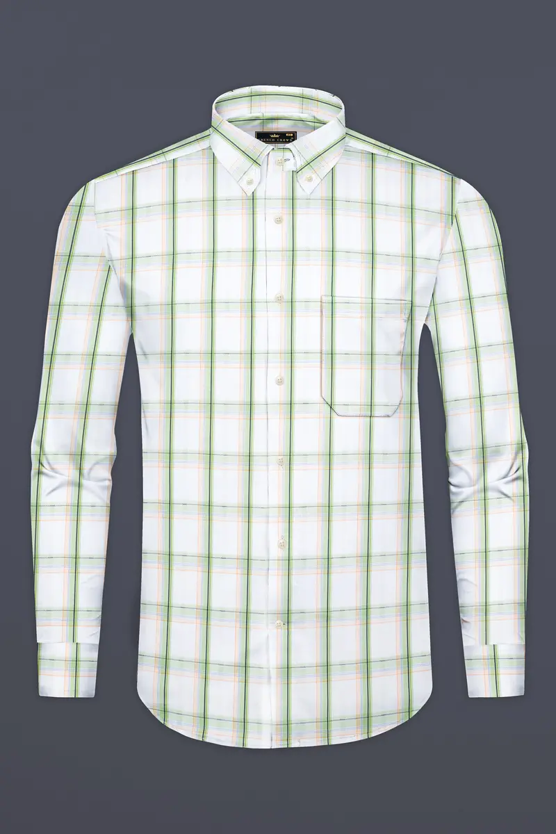 Bright White And Patina Green Plaid Dobby Textured Premium Giza Cotton Shirt 4
