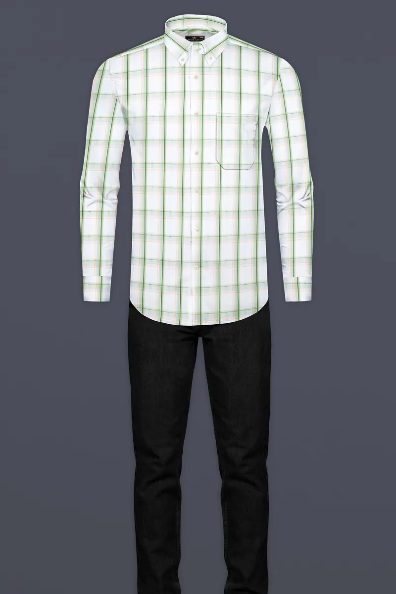 Bright White And Patina Green Plaid Dobby Textured Premium Giza Cotton Shirt 6