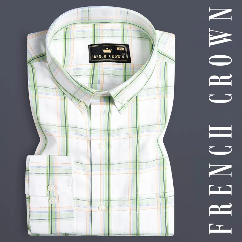 Bright White And Patina Green Plaid Dobby Textured Premium Giza Cotton Shirt 7