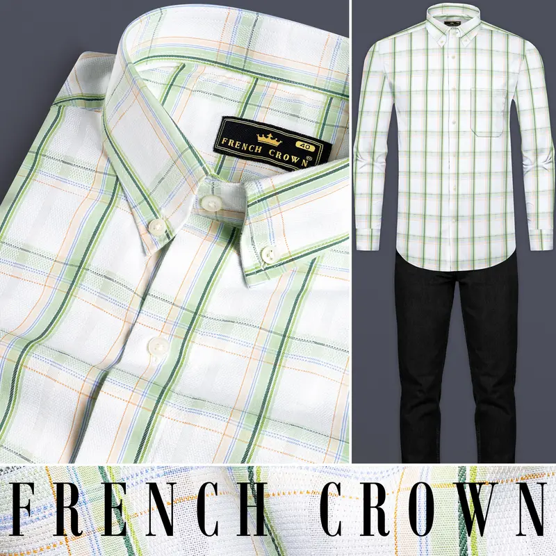 Bright White And Patina Green Plaid Dobby Textured Premium Giza Cotton Shirt 8