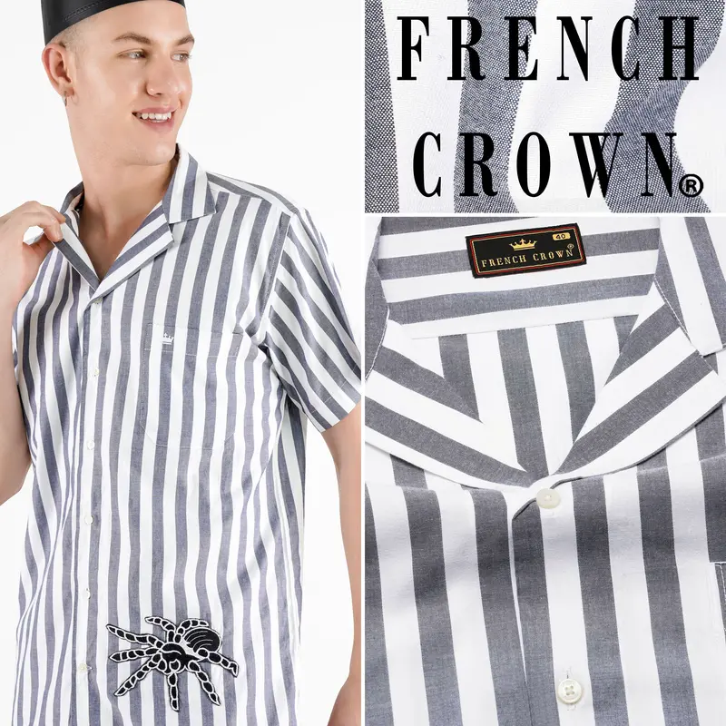 Bright White And Paynes Gray Striped With Spider Embroidered Patch Work Premium Cotton Designer Shirt 1