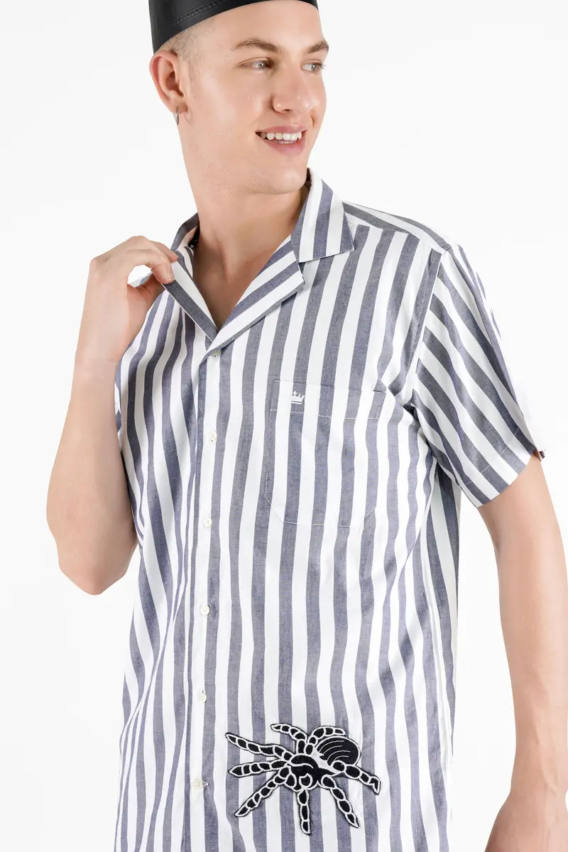 Bright White And Paynes Gray Striped With Spider Embroidered Patch Work Premium Cotton Designer Shirt 2